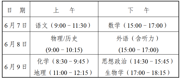 2026年全国各地高考时间安排表(含各科目考试时间)