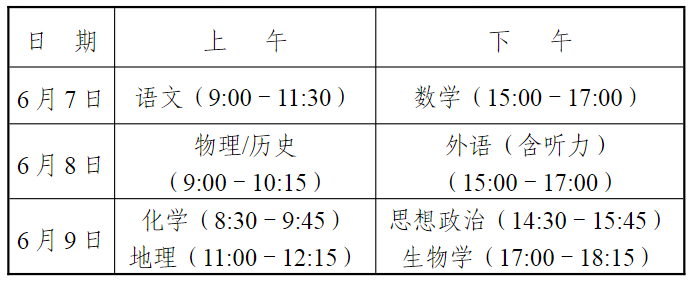 2026年全国高考时间科目表公布:含31个省市区汇总