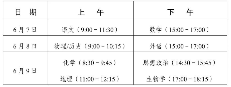 2026年全国各地高考时间安排表(含各科目考试时间)