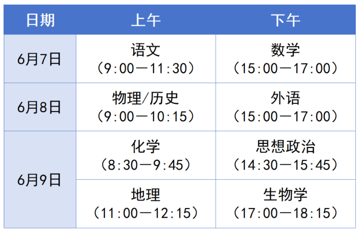2026年全国高考时间科目表公布:含31个省市区汇总